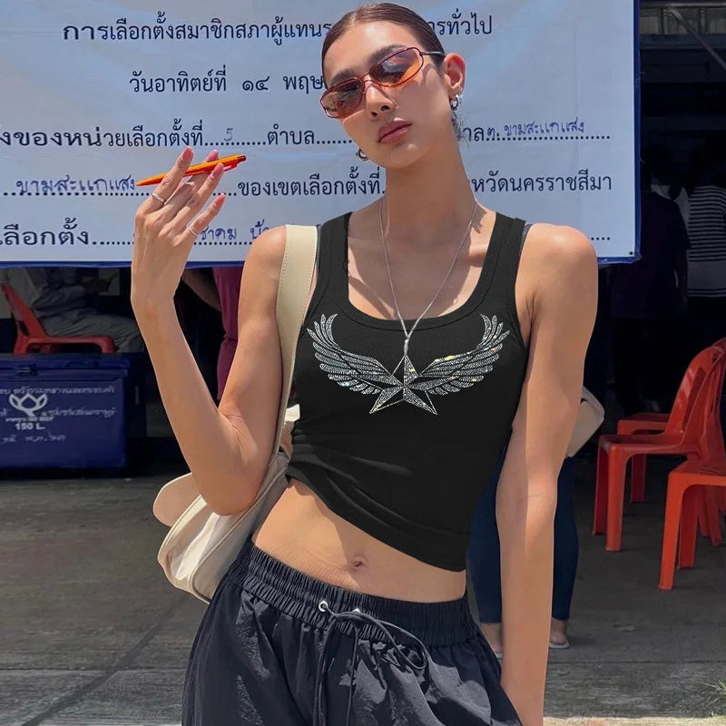 Lunivop Rhinestone Diamonds Sleeveless Tank Tops Casual Clothes Y2K Streetwear Summer Slim Blouse T Shirts Women Clothing Double Button Blouse