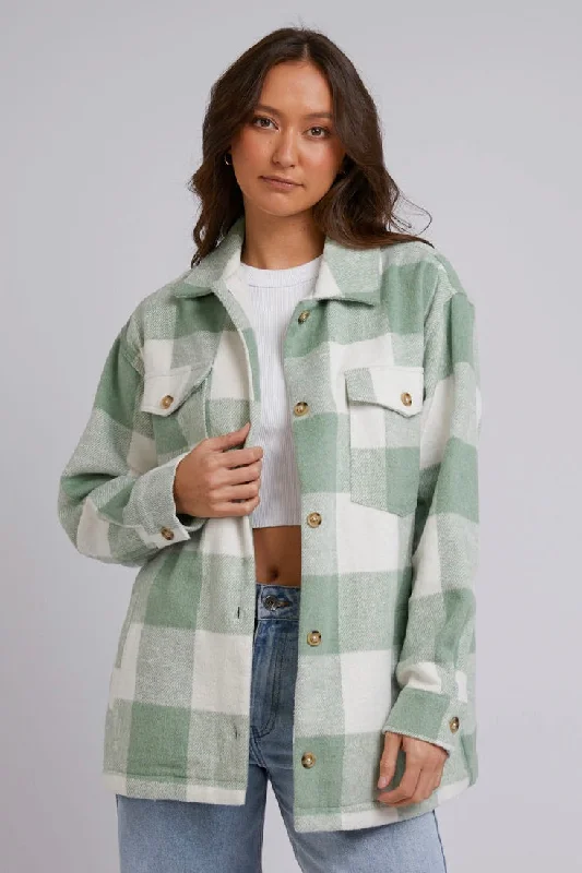 Mayzie Sage Check Shacket Feminine Puff Blouse