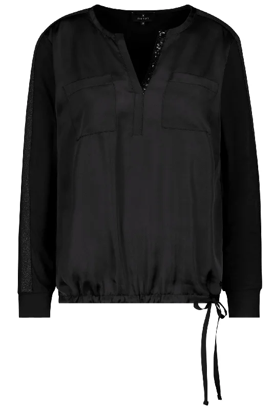Monari 808630 Black Round Neck Jersey Blouse Drawstring Hem Office-Ready Blouse