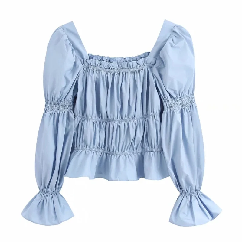 New 2020 women fashion square collar pleated smock Shirts blouses wome flare sleeve ruffles roupas femininas chic tops LS6492 Chic Square Blouse