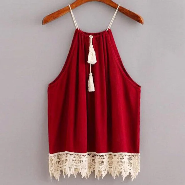 New Arrival Fashion Women Lace Trimmed Tasselled Drawstring Blouse Wine Red Tops shirt Sleeveless Patchwork blusa feminina Flowy Bohemian Blouse