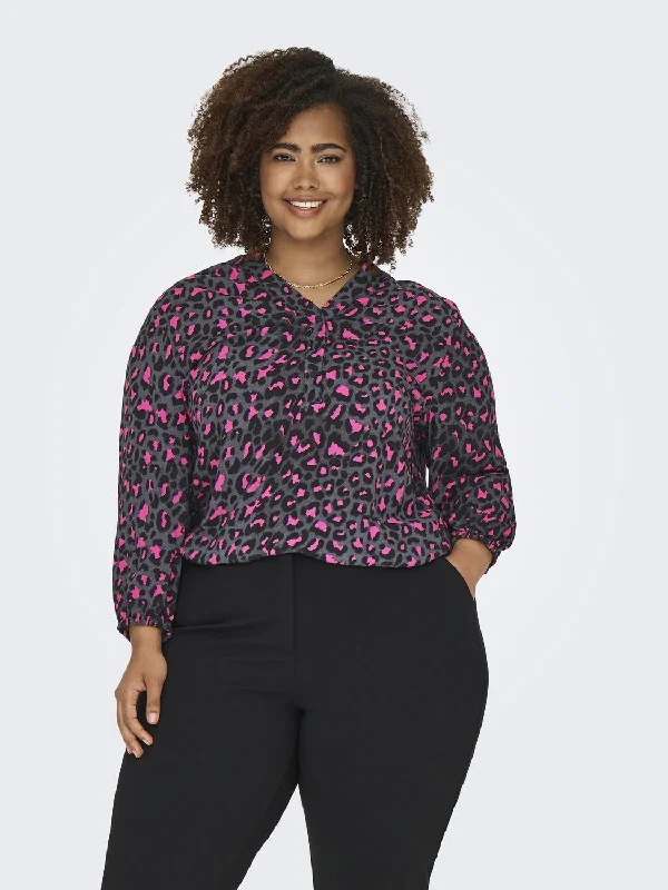Only Carmakoma Ladies Carbaboost 3/4 Sleeve Regular Fit Plus Size Blouse-PHANTOM Mandarin Collar Blouse