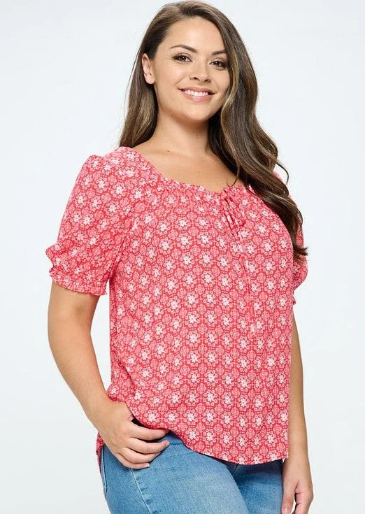 Red Floral Print Peasant Blouse in Plus Size Made in USA Lightweight Tunic Blouse