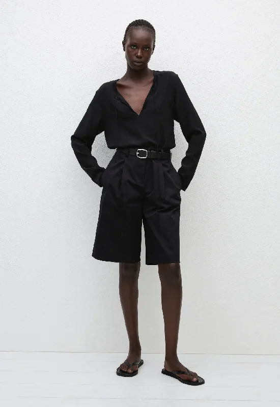 Popover Tie Blouse - Black Cotton Casual Blouse