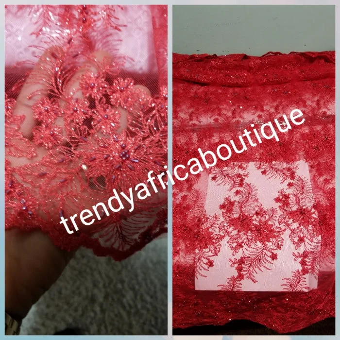 Red beaded and stones French lace fabric for making Blouses for wrapper. Igbo/Delta/Edo women blouse fabric 2yds available Vintage Polka Blouse