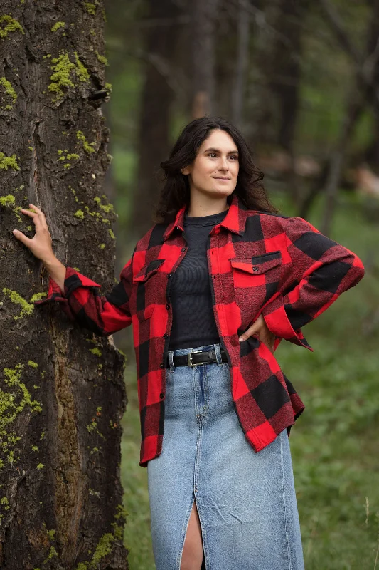 Brush Flannel Shacket  Red / Black Buffalo Check Casual Button Blouse