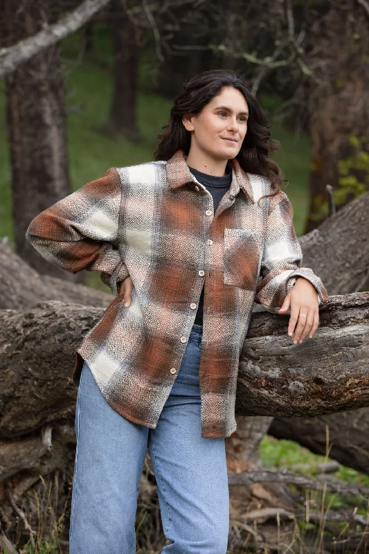 Sand Wool Blend Flannel Shacket with Herringbone Weave Classic Striped Blouse