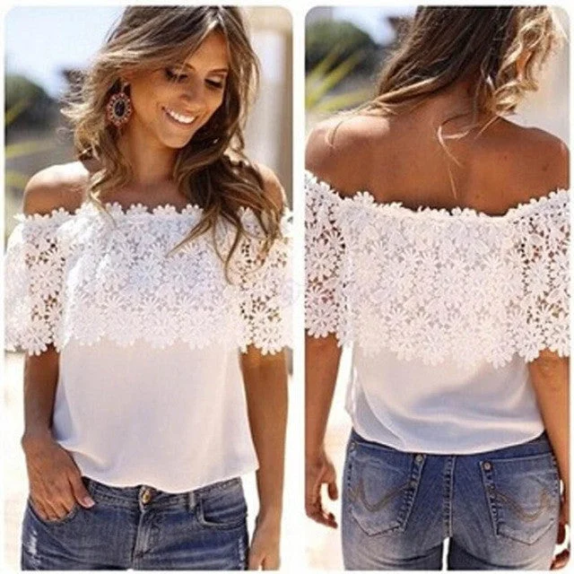 Sexy Women Off Shoulder Blouse Fashion Beachwear Casual Tops Lace White Chiffon Crochet Shirt Puff Sleeve Blouse