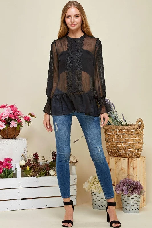 Sheer Chiffon Casual Blouse Button Down Top Soft Knit Blouse