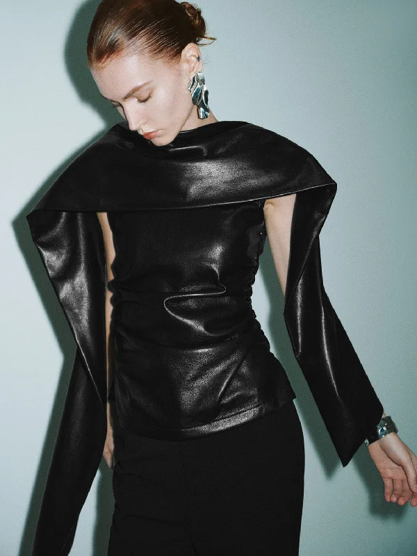Sleeveless Vegan Leather Blouse Backless Summer Blouse