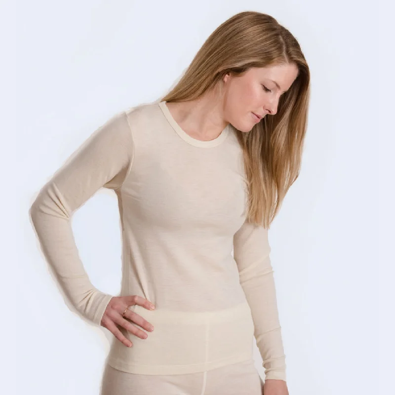 HOCOSA Organic Merino Wool Long-Sleeve Undershirt for Men or Women, Round-neck, in Natural White