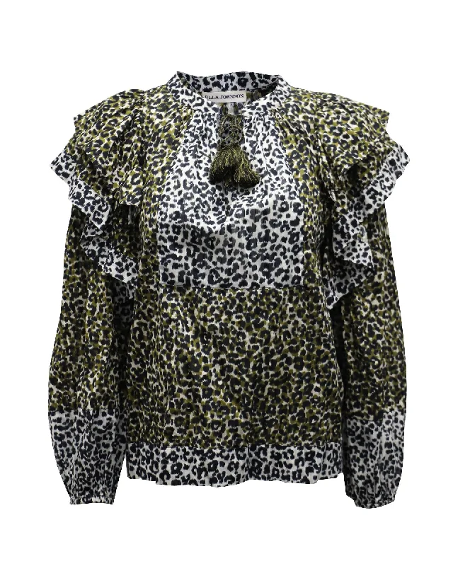 Leopard Print Ruffled Blouse with Romantic Puff Sleeves in Brown Cotton Ruched Sleeve Blouse Leopard Print Ruffled Blouse with Romantic Puff Sleeves in Brown Cotton Ruched Sleeve Blouse