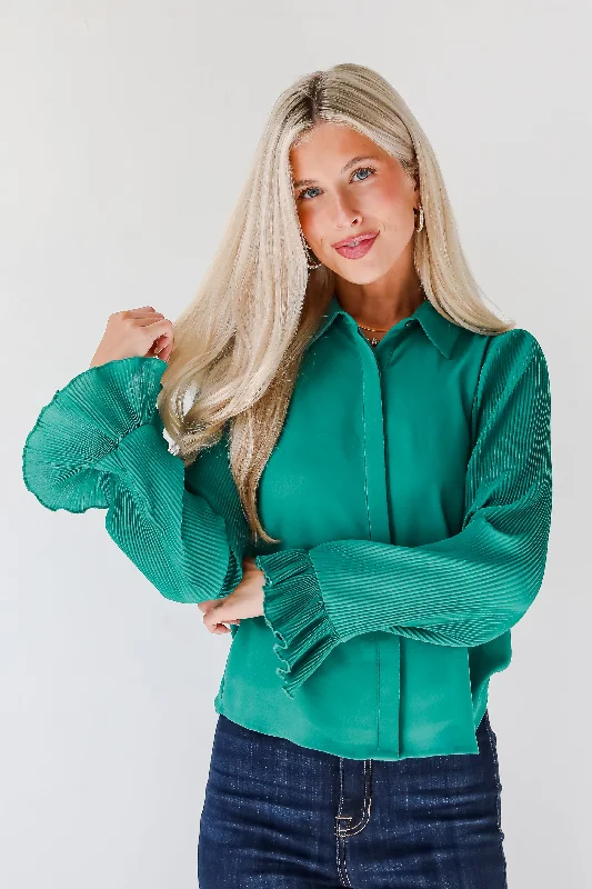 Unbelievable Energy Hunter Green Plisse Blouse Office Formal Blouse