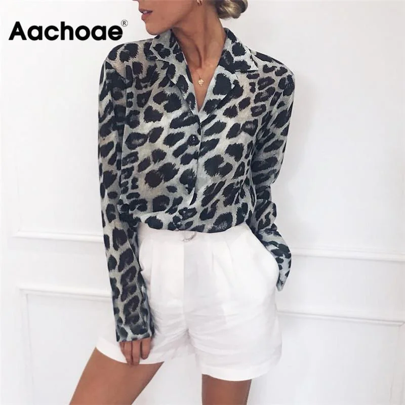 Vintage Blouse Long Sleeve Sexy Leopard Print Blouse Turn Down Collar Versatile Layering Blouse