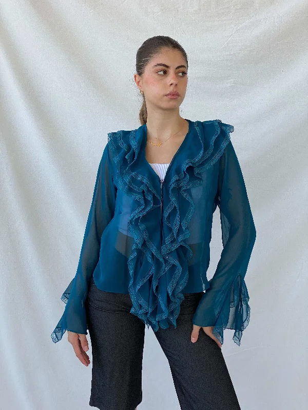 Vintage PORTRE Blue Ruffled Lace Collar Bell Sleeve Blouse - S Balloon Sleeve Blouse