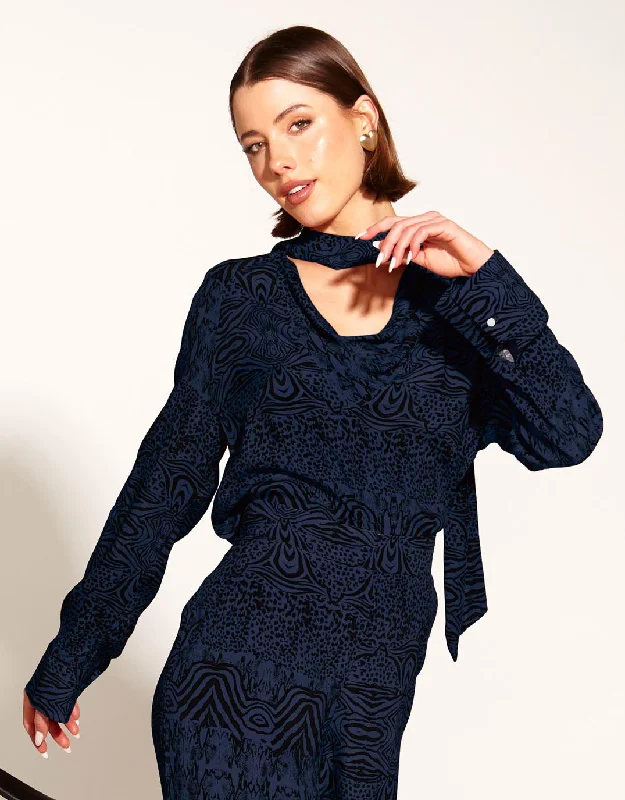 Walking Flames Neck Tie Blouse - Navy Animal Embroidered Floral Blouse