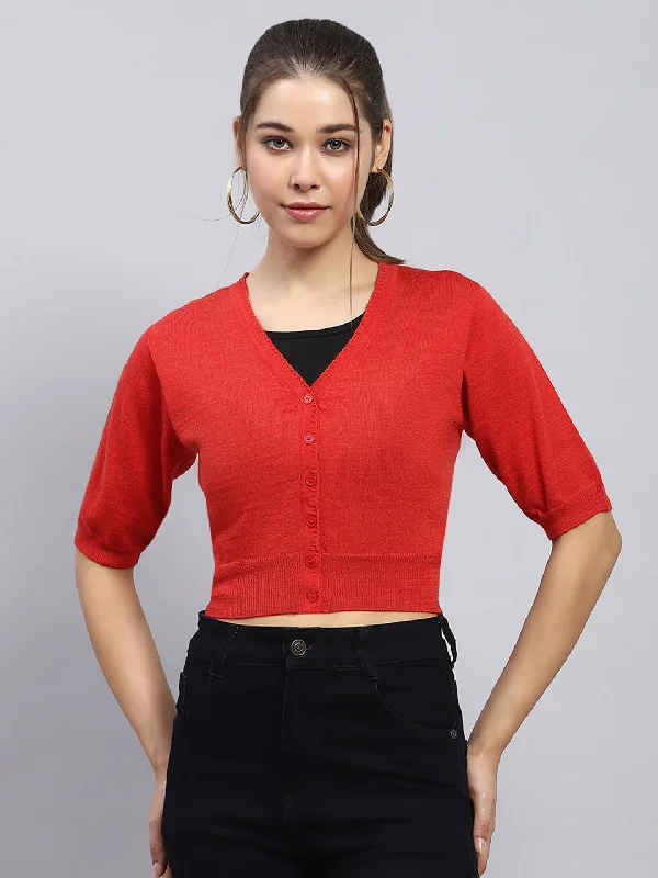 Women Red Solid V Neck Half Sleeve Blouse Casual Stripe Blouse