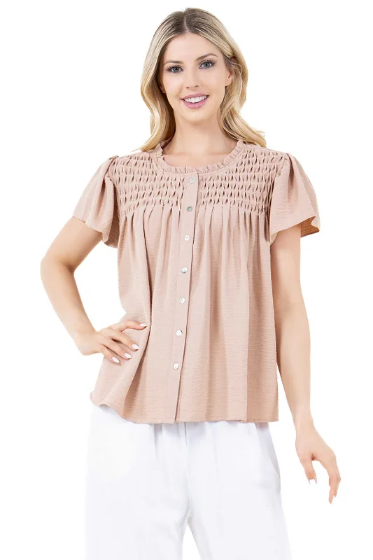 Women's Casual Resort Wear Ruched Design Flutter Sleeve Scoop Neck Button Down Blouse Flowy Bohemian Blouse