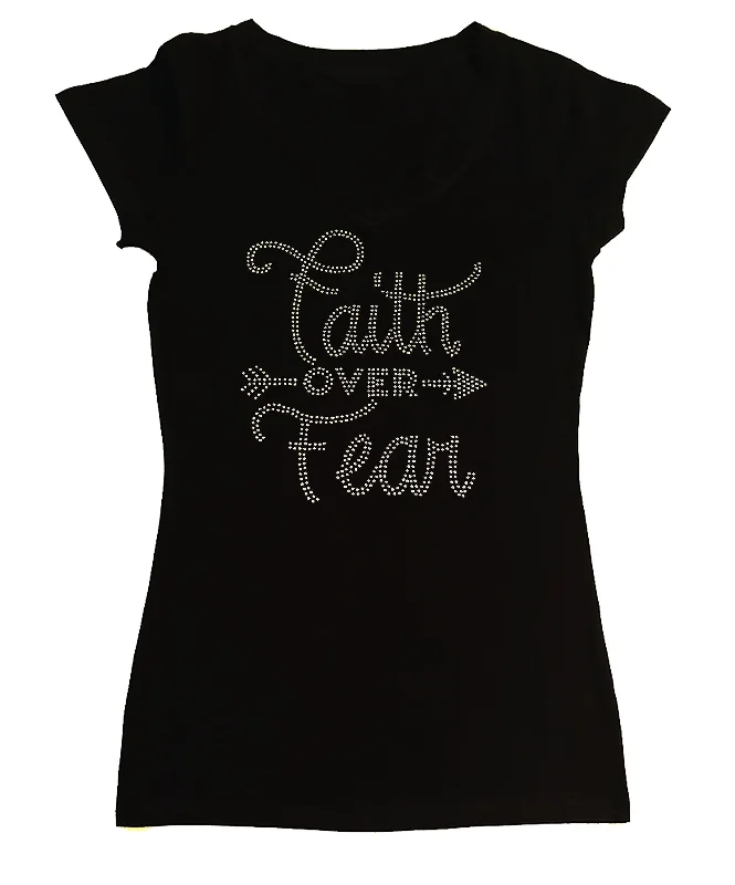 Women's Rhinestone Fitted Tight Snug Shirt Faith Over Fear in AB