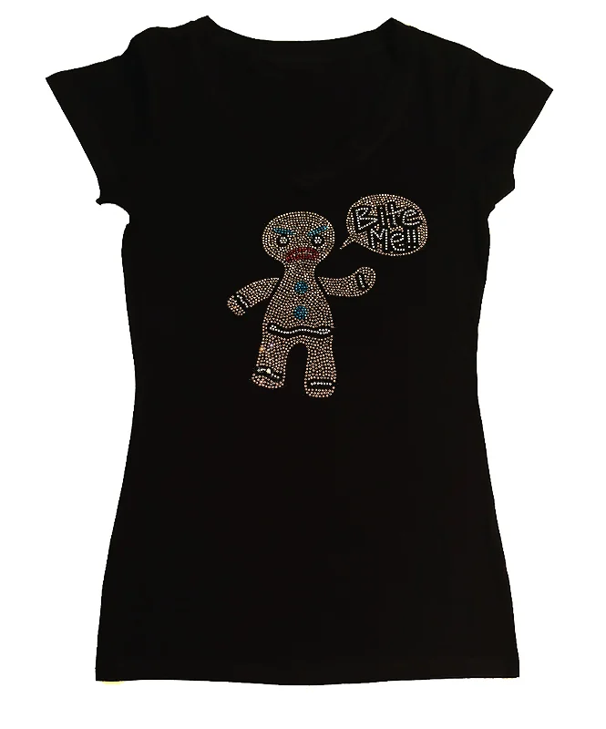 Women's Rhinestone Fitted Tight Snug Shirt Gingerbread Man with Bite Me Bubble