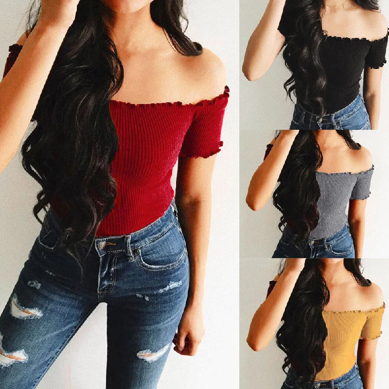 Womens Sexy Solid Strapless Off Shoulder Short Tops Blouse Soft Modal Blouse