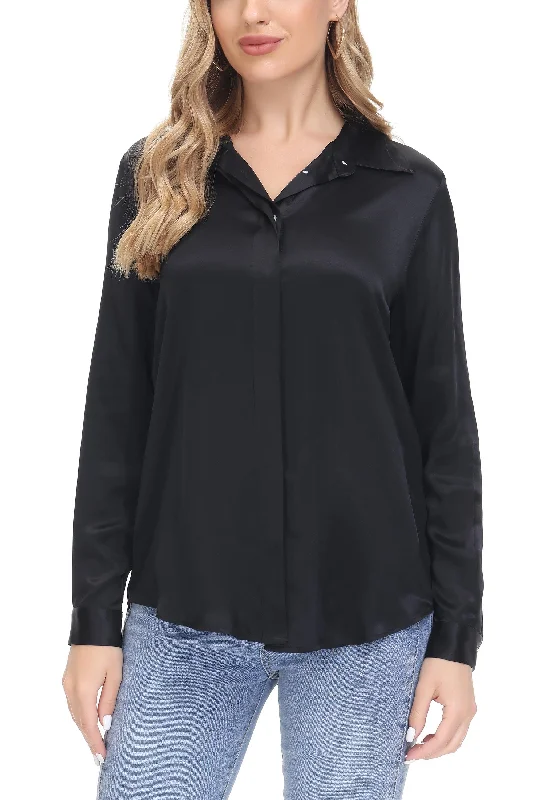 Women's Silk Blouse 100% Silk Long Sleeves Shirt Chic Off-Shoulder Blouse