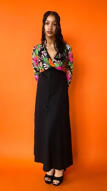 1970s Black Tropical Floral Maxi Dress, sz. M/L