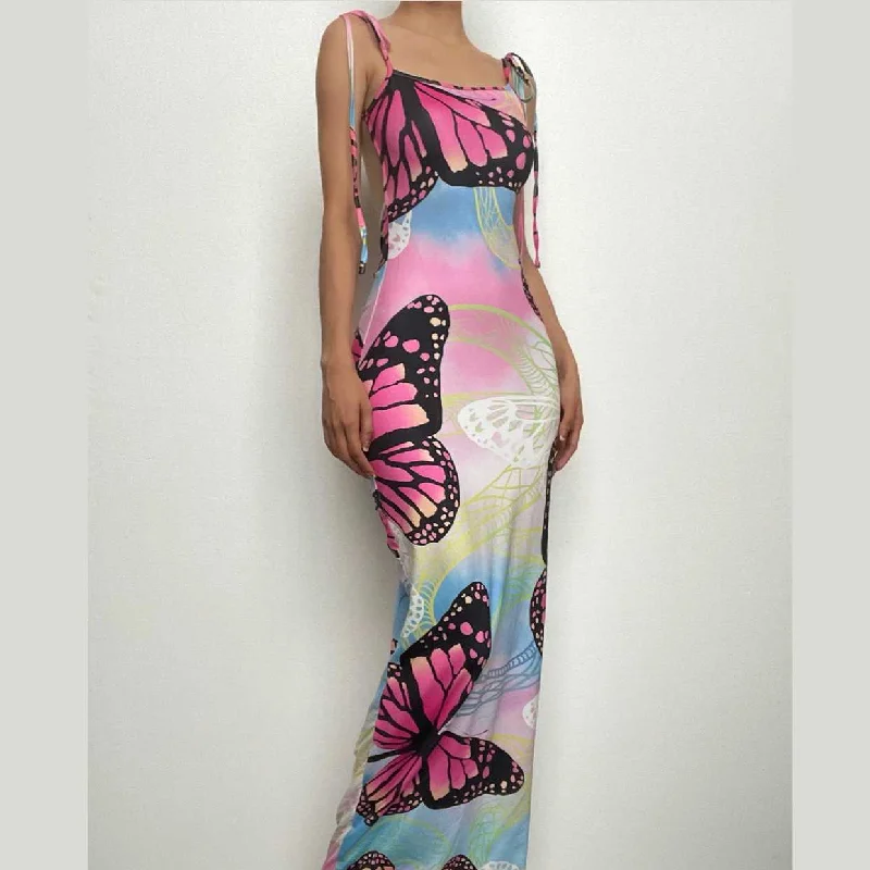 Butterfly pattern ruched backless halter contrast maxi dress