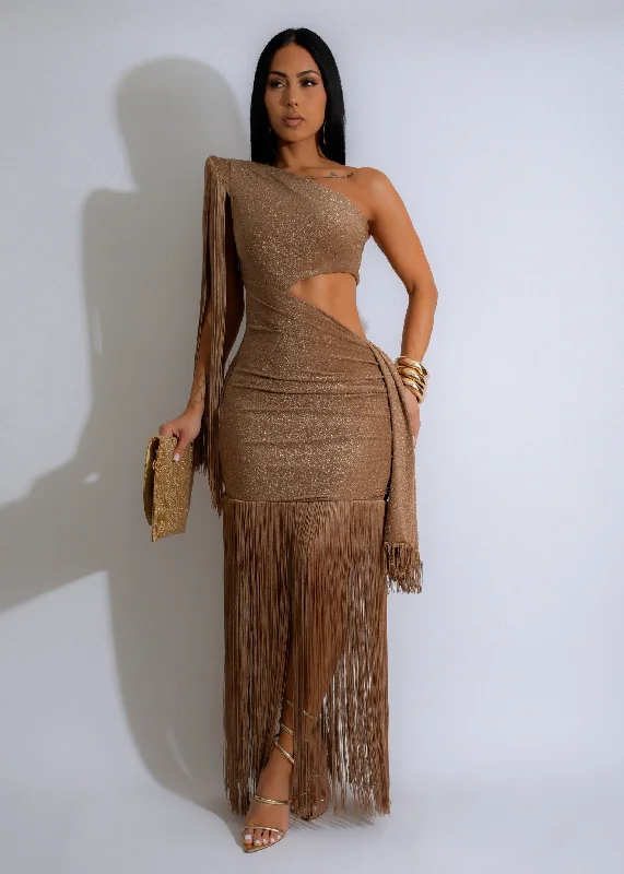 Can't Look Back Fringes Maxi Dress Gold