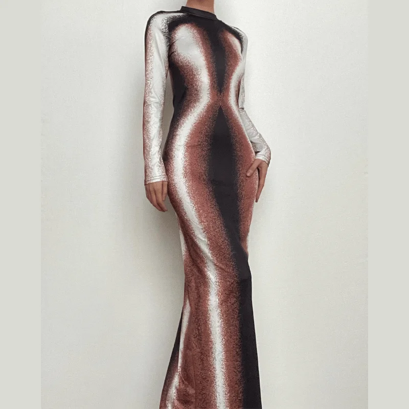 Contrast high neck long sleeve slit maxi dress