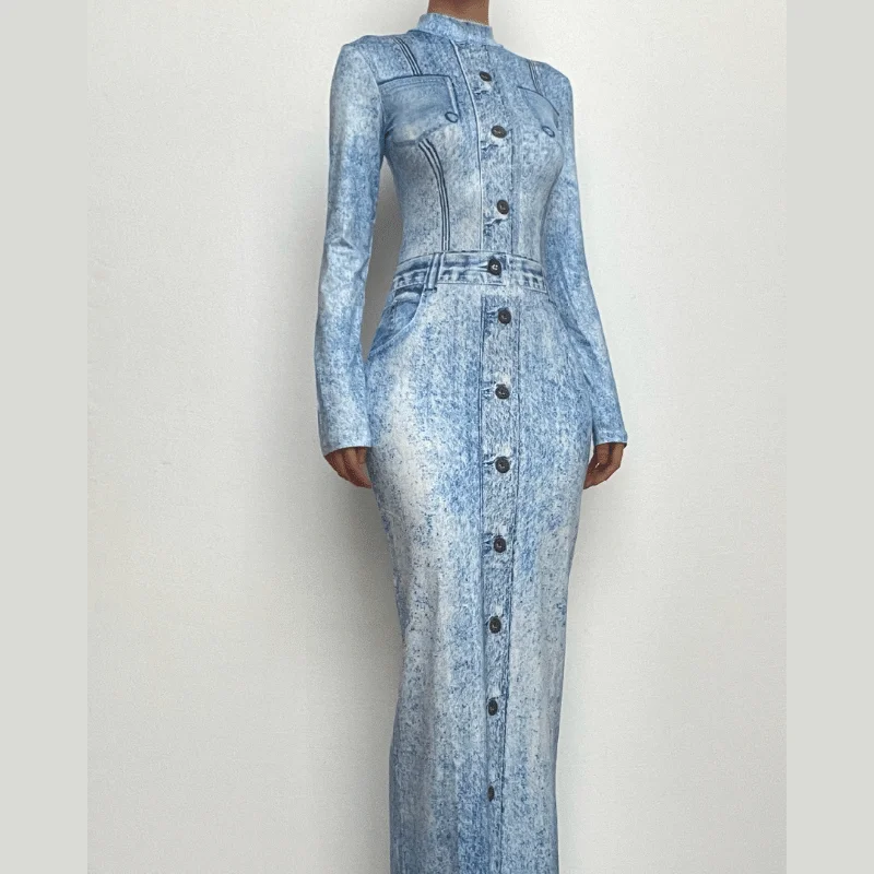 Denim print contrast high neck long sleeve maxi dress