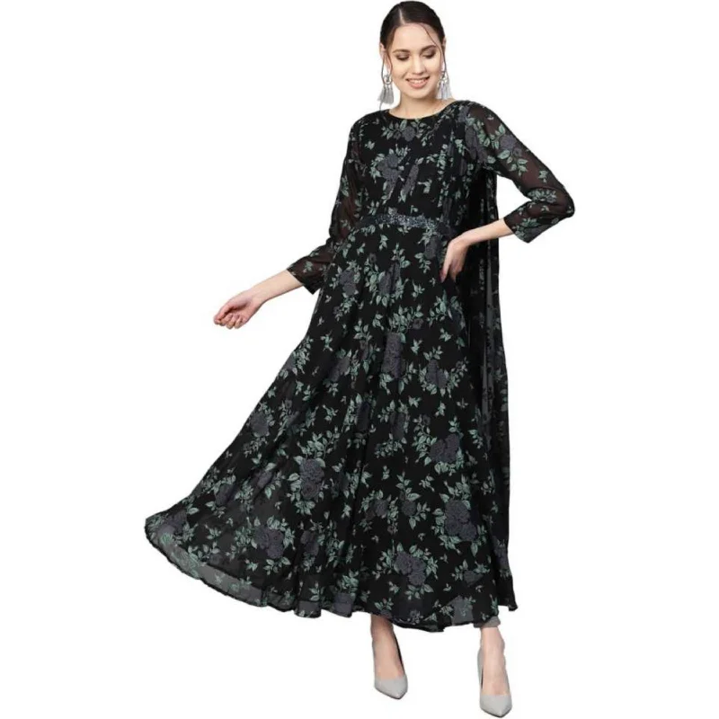 Floral Maxi Dress With Attached Dupatta