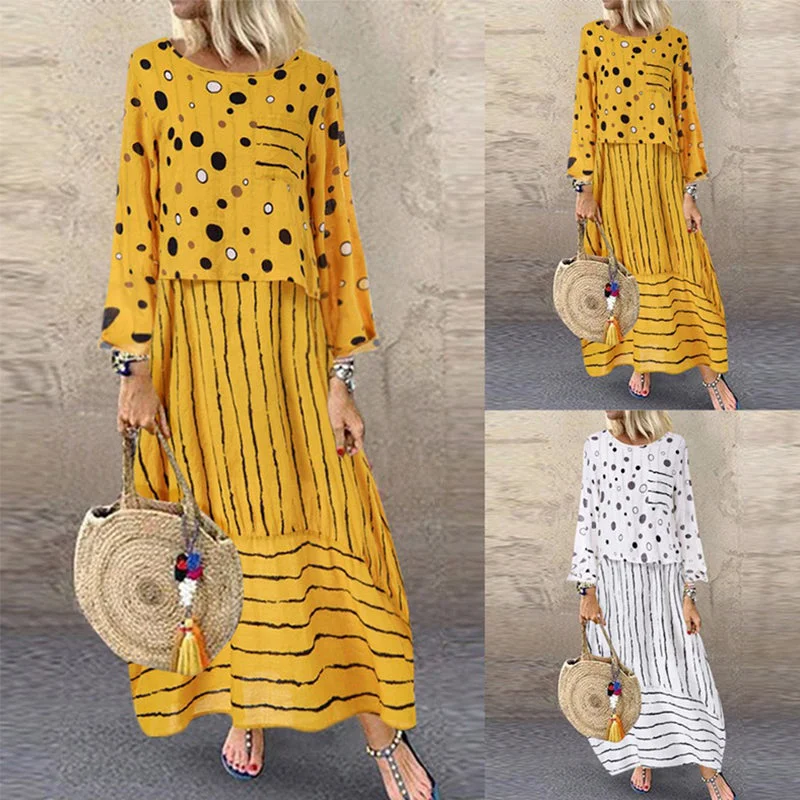 Women long maxi dresses Polka dot large loose fake two-piece cotton linen dress