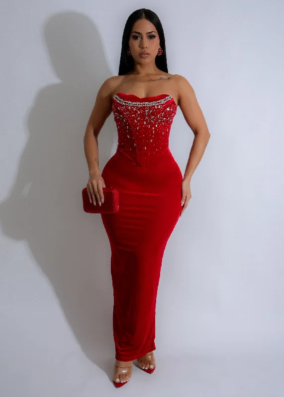 Eternal Night Velvet Rhinestone Maxi Dress Red