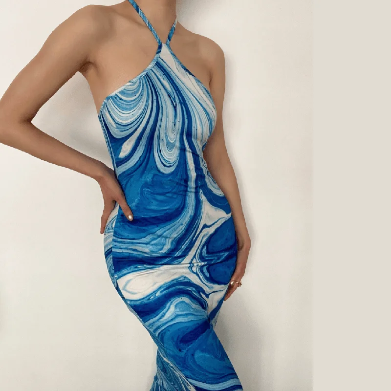 Halter tie back slit tie dye maxi dress