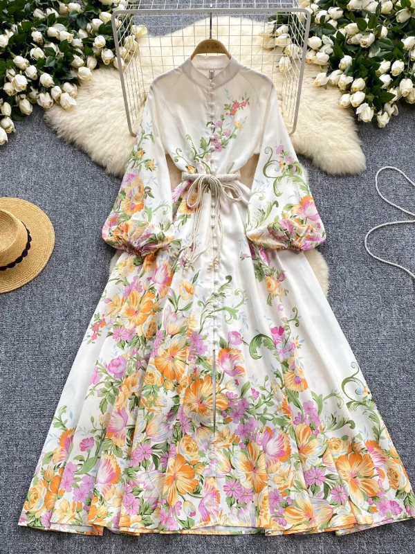 Long Sleeves Waist Tie Floral Print Maxi Dress