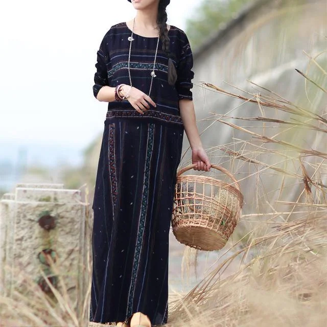 Vintage Striped Loose Boho Maxi Dress  | Zen