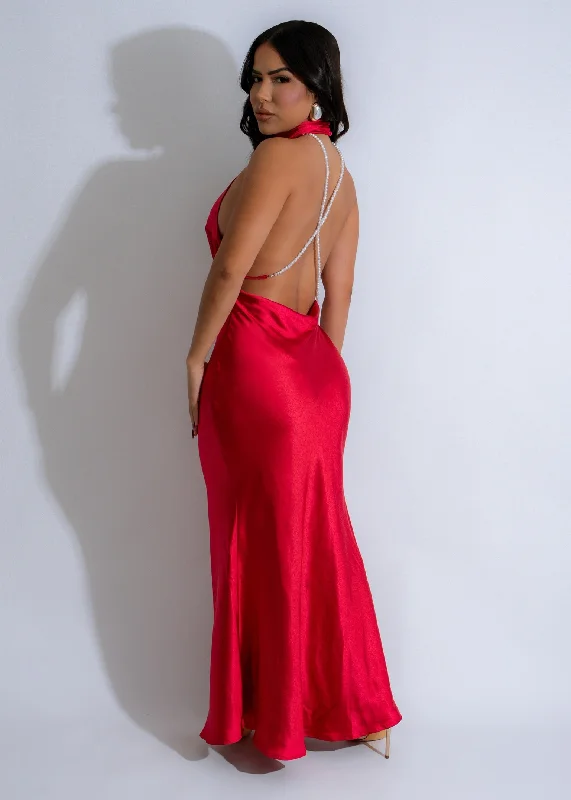 Luminous Drift Pearl Satin Maxi Dress Red