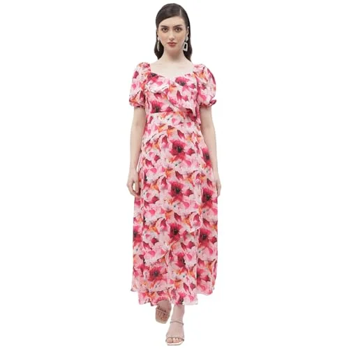 Madame Sweetheart Neck Hot Pink Floral Maxi Dress