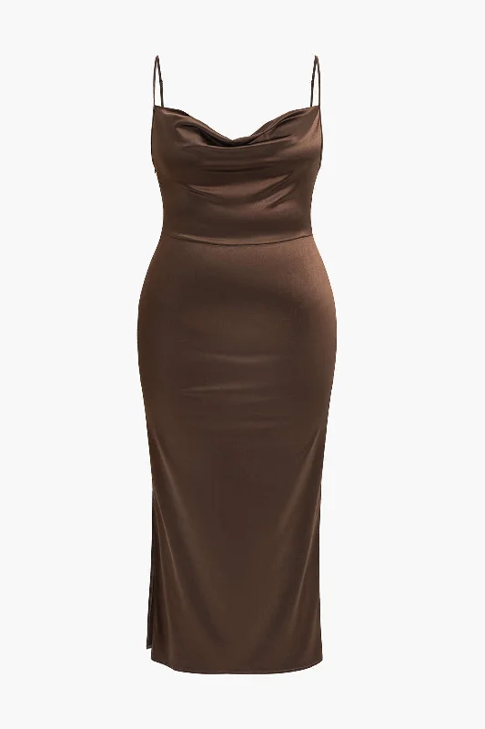 Plus Size Satin Slip Draped Cowl Neck Maxi Dress