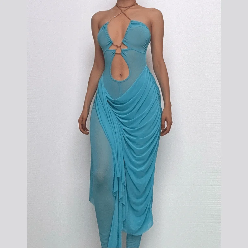 Metal chain halter ruched sheer mesh hollow out cut out maxi dress