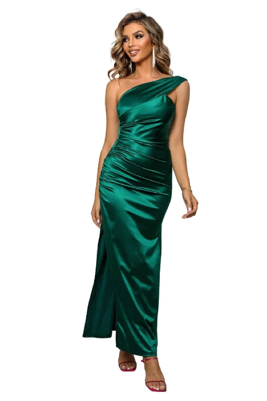 One-Shoulder Ruched Green Maxi Dress