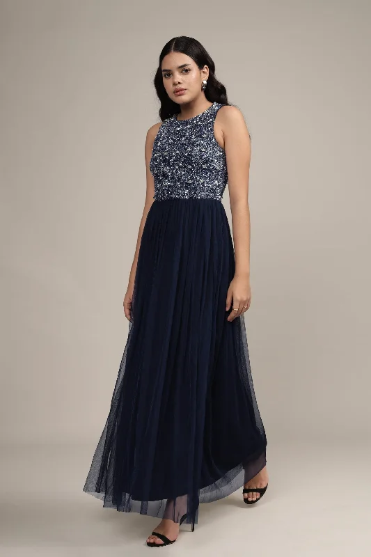 Picasso Embellished Maxi Dress in Navy with Pearl Beads