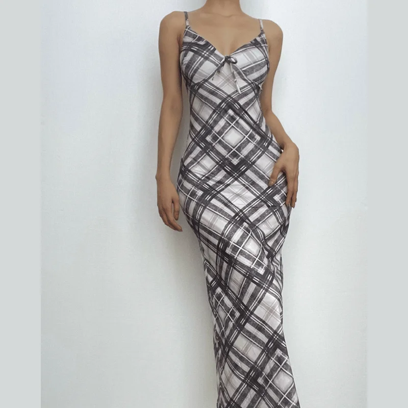 Plaid contrast v neck backless cami maxi dress