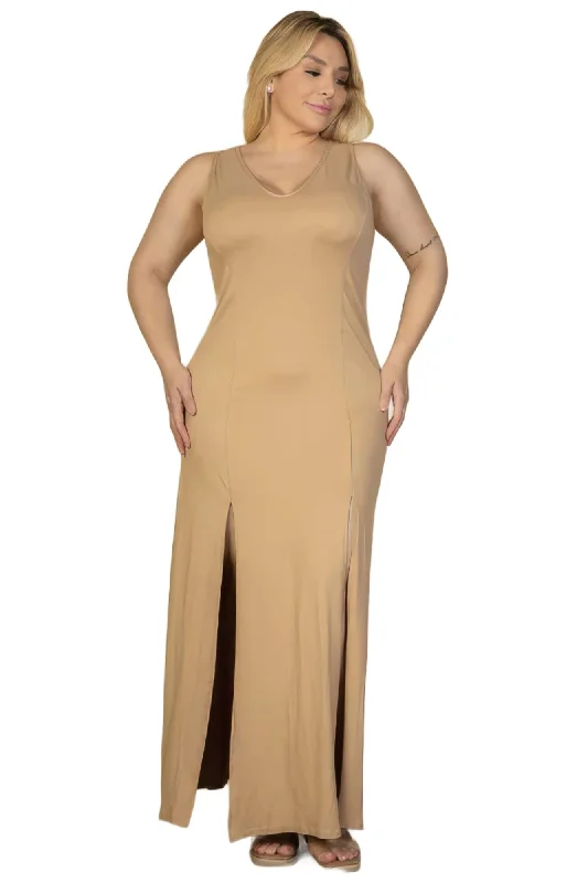 Plus Size Plunge Neck Thigh Split Maxi Dress