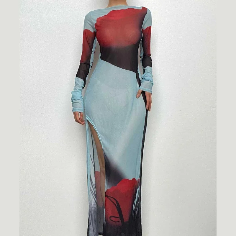 Sheer mesh see through abstract contrast long sleeve slit maxi dress