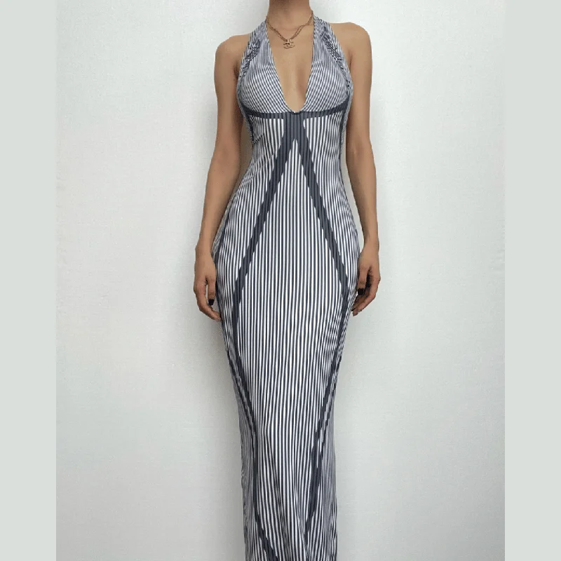 Striped contrast v neck halter backless sleeveless maxi dress