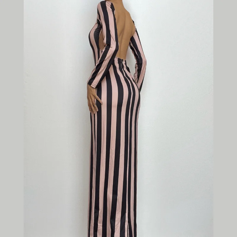 Striped print backless long sleeve contrast round neck maxi dress