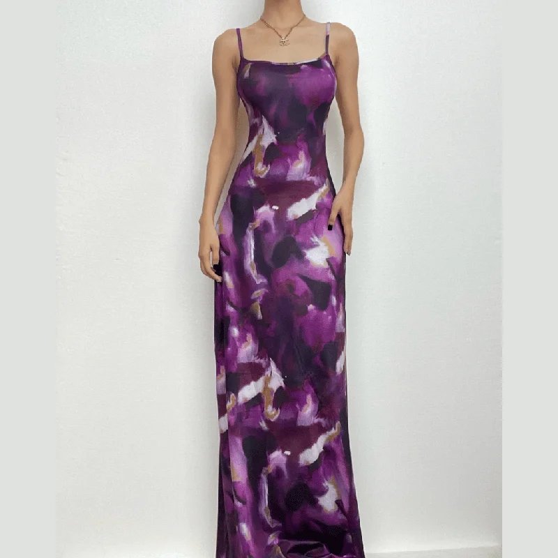 Tie dye square neck contrast backless cami maxi dress