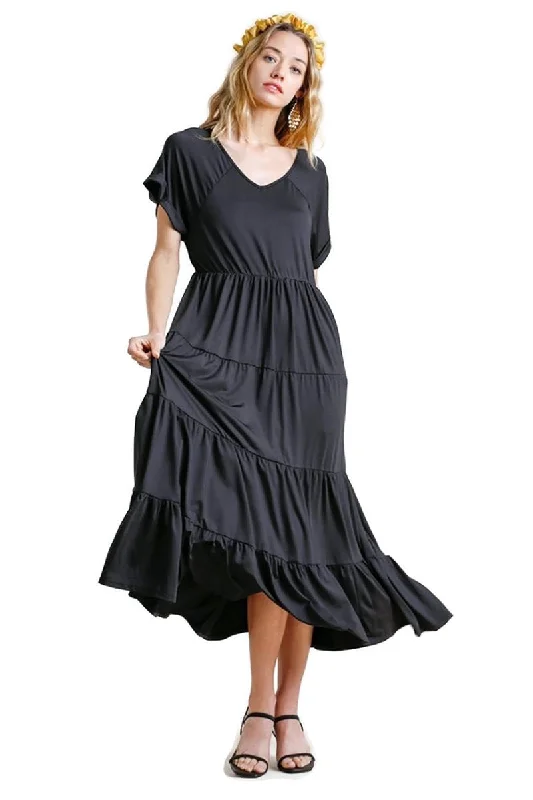 Tiered V-Neck Maxi Dress, Black